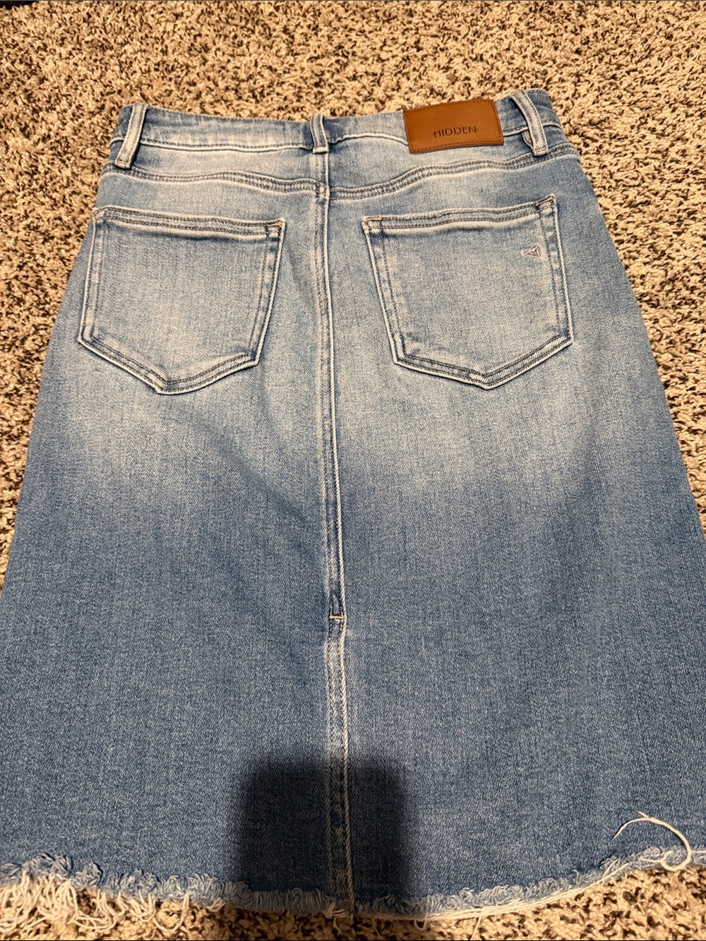 Light Blue Denim knee length Skirt with Frayed Hem - Hidden